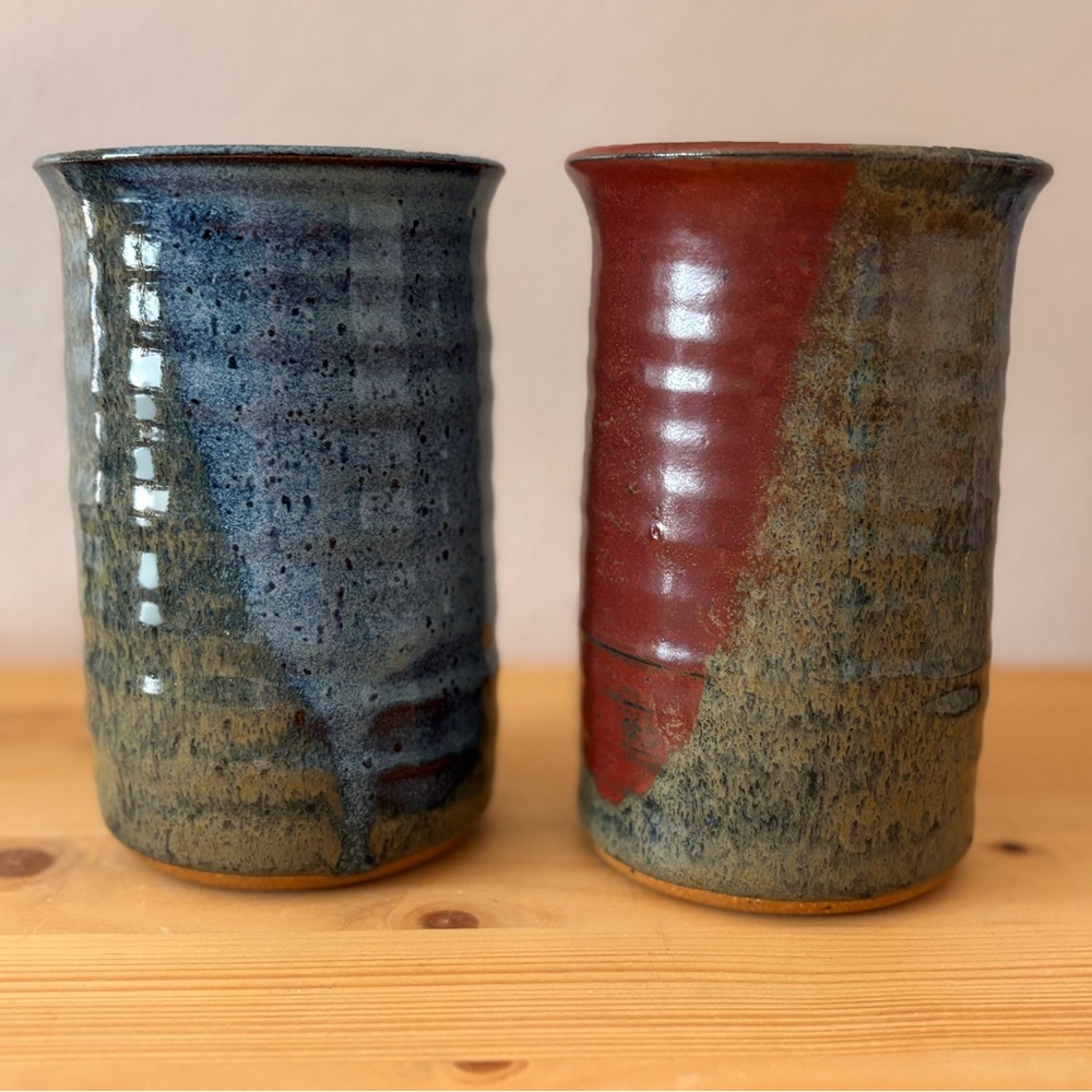 Handmade Stoneware Pottery Artisan Tumblers 5” Ribbed (Set of 2)